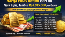 Ilustrasi emas batangan produksi PT Aneka Tambang (Antam) dengan pembaruan harga emas hari ini yang naik menjadi Rp3.045.000 per gram pada Jumat, 27 Februari 2026. Sumber: Logam Mulia Antam.