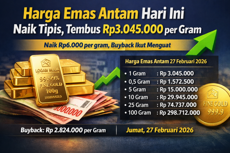 Ilustrasi emas batangan produksi PT Aneka Tambang (Antam) dengan pembaruan harga emas hari ini yang naik menjadi Rp3.045.000 per gram pada Jumat, 27 Februari 2026. Sumber: Logam Mulia Antam.