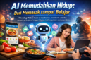Ilustrasi menunjukkan teknologi AI yang memudahkan kehidupan sehari-hari, mulai dari memasak dengan resep digital, belajar online dengan panduan AI, hingga hiburan dan game interaktif./suarabrita.com 