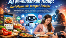 Ilustrasi menunjukkan teknologi AI yang memudahkan kehidupan sehari-hari, mulai dari memasak dengan resep digital, belajar online dengan panduan AI, hingga hiburan dan game interaktif./suarabrita.com 