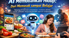 Ilustrasi menunjukkan teknologi AI yang memudahkan kehidupan sehari-hari, mulai dari memasak dengan resep digital, belajar online dengan panduan AI, hingga hiburan dan game interaktif./suarabrita.com 