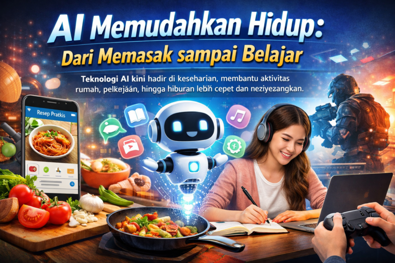 Ilustrasi menunjukkan teknologi AI yang memudahkan kehidupan sehari-hari, mulai dari memasak dengan resep digital, belajar online dengan panduan AI, hingga hiburan dan game interaktif./suarabrita.com 