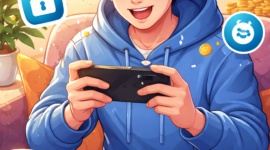 Ilustrasi seorang pengguna bermain game di ponsel yang menawarkan hadiah berupa saldo dompet digital seperti DANA, OVO, dan GoPay. (Ilustrasi AI/Dok. suarabrita.com)**