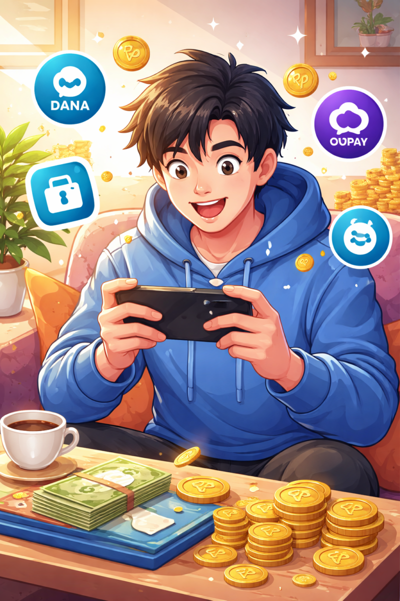 Ilustrasi seorang pengguna bermain game di ponsel yang menawarkan hadiah berupa saldo dompet digital seperti DANA, OVO, dan GoPay. (Ilustrasi AI/Dok. suarabrita.com)**