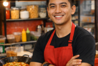 Ilustrasi seorang pemuda sukses menjalankan usaha kuliner seblak, tersenyum di depan outletnya. Bisa digunakan sebagai representasi cerita inspiratif tentang anak muda berwirausaha.