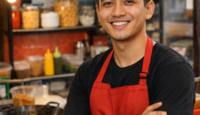 Ilustrasi seorang pemuda sukses menjalankan usaha kuliner seblak, tersenyum di depan outletnya. Bisa digunakan sebagai representasi cerita inspiratif tentang anak muda berwirausaha.