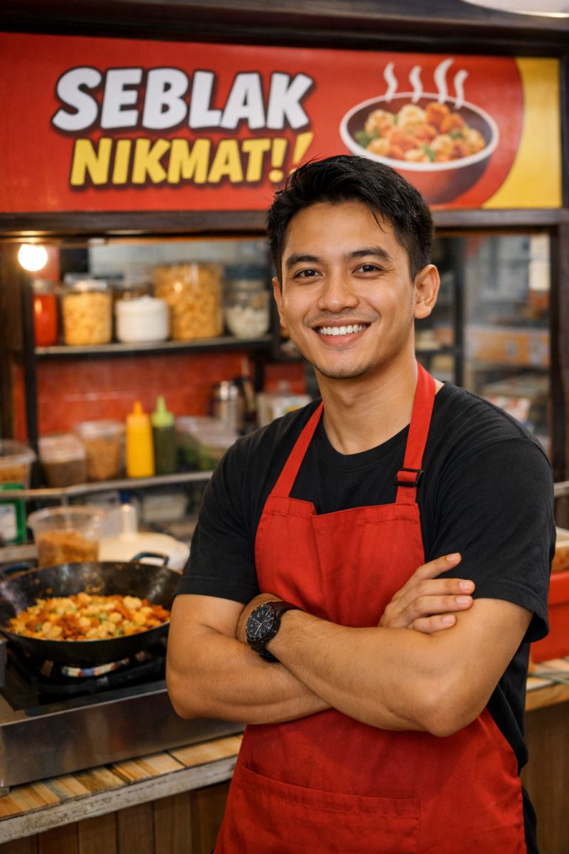 Ilustrasi seorang pemuda sukses menjalankan usaha kuliner seblak, tersenyum di depan outletnya. Bisa digunakan sebagai representasi cerita inspiratif tentang anak muda berwirausaha.