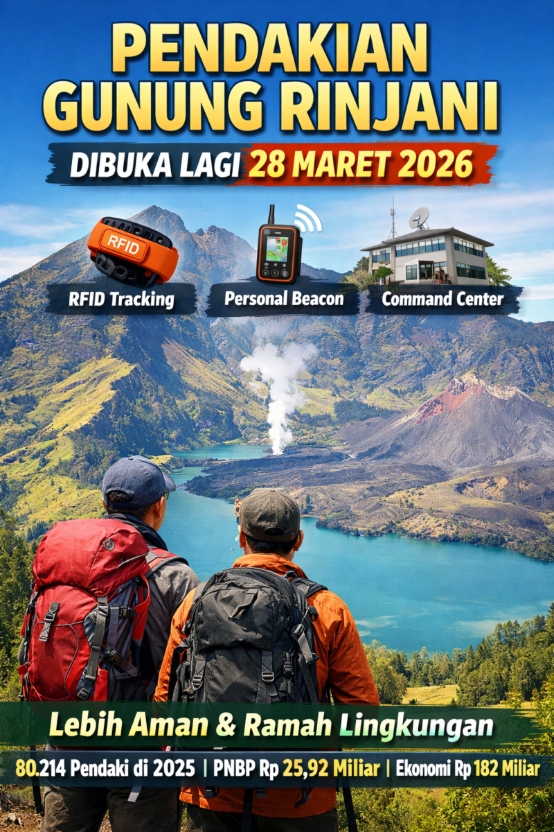 Pendaki menikmati pemandangan indah Gunung Rinjani dan Danau Segara Anak. Sistem keamanan modern diterapkan, termasuk RFID tracking, personal beacon, dan pusat komando, untuk memastikan pendakian lebih aman dan ramah lingkungan./bey suarabrita.com