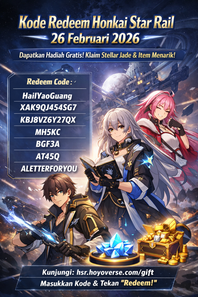 Tampilan visual karakter dan hadiah Stellar Jade dalam game Honkai: Star Rail yang digunakan sebagai ilustrasi informasi kode redeem edisi 26 Februari 2026. (Foto: Ilustrasi/HoYoverse)