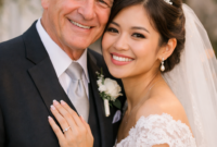 lustrasi pasangan menikah dengan selisih usia sekitar 40 tahun tersenyum bahagia di hari pernikahan mereka, dikelilingi dekorasi romantis dan suasana hangat, momen yang viral di TikTok dan menginspirasi banyak warganet.