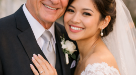 lustrasi pasangan menikah dengan selisih usia sekitar 40 tahun tersenyum bahagia di hari pernikahan mereka, dikelilingi dekorasi romantis dan suasana hangat, momen yang viral di TikTok dan menginspirasi banyak warganet.