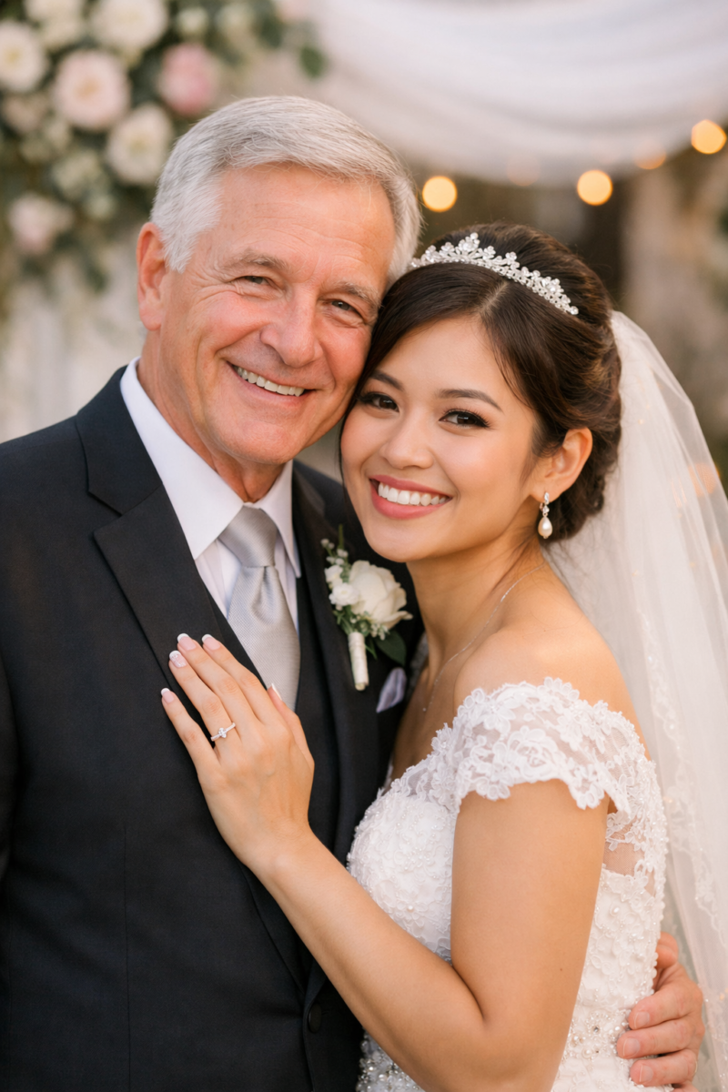 lustrasi pasangan menikah dengan selisih usia sekitar 40 tahun tersenyum bahagia di hari pernikahan mereka, dikelilingi dekorasi romantis dan suasana hangat, momen yang viral di TikTok dan menginspirasi banyak warganet.