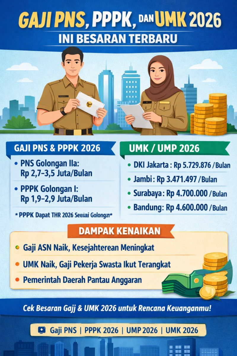 Ilustrasi tentang besaran gaji PNS, PPPK, dan UMK 2026, menampilkan informasi gaji pokok, UMK/UMP, dan dampak kenaikan terhadap kesejahteraan ASN serta pekerja swasta.