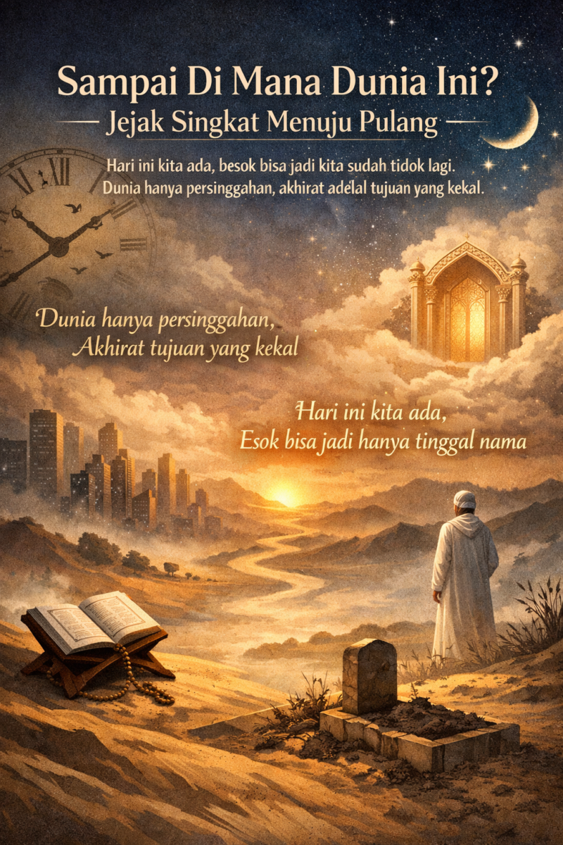 Ilustrasi perjalanan hidup manusia menuju akhirat, mengingatkan bahwa dunia hanya persinggahan sementara. (Foto: Ilustrasi AI)