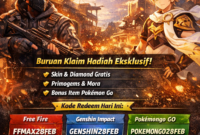 ustrasi menampilkan kode redeem terbaru 28 Februari 2026 untuk game Free Fire, Genshin Impact, dan Pokémon GO. Terdapat hadiah gratis seperti skin, diamond, Primogems, Mora, dan item Pokémon GO, dengan panduan klaim kode redeem langsung di layar smartphone.