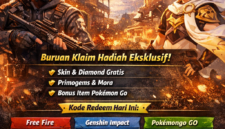 ustrasi menampilkan kode redeem terbaru 28 Februari 2026 untuk game Free Fire, Genshin Impact, dan Pokémon GO. Terdapat hadiah gratis seperti skin, diamond, Primogems, Mora, dan item Pokémon GO, dengan panduan klaim kode redeem langsung di layar smartphone.