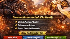 ustrasi menampilkan kode redeem terbaru 28 Februari 2026 untuk game Free Fire, Genshin Impact, dan Pokémon GO. Terdapat hadiah gratis seperti skin, diamond, Primogems, Mora, dan item Pokémon GO, dengan panduan klaim kode redeem langsung di layar smartphone.