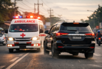 Ambulans mengejar Fortuner di jalan Cileungsi saat diduga kabur dari lokasi kecelakaan.
