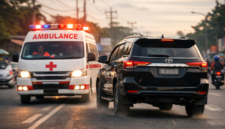 Ambulans mengejar Fortuner di jalan Cileungsi saat diduga kabur dari lokasi kecelakaan.