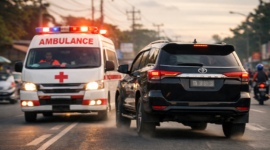 Ambulans mengejar Fortuner di jalan Cileungsi saat diduga kabur dari lokasi kecelakaan.
