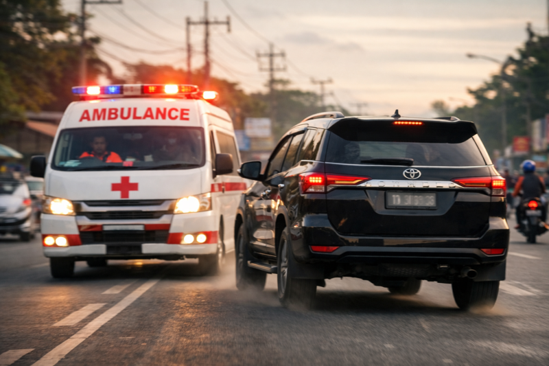 Ambulans mengejar Fortuner di jalan Cileungsi saat diduga kabur dari lokasi kecelakaan.
