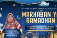 Kepala SD N 20/III Pasar Tamiai, Misni Juita, menyampaikan ucapan selamat menyambut Ramadan 1447 H/2026 M kepada seluruh keluarga besar sekolah. Foto: Dok. Kepala Sekolah (desain ulang Cva).