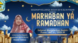 Kepala SD N 20/III Pasar Tamiai, Misni Juita, menyampaikan ucapan selamat menyambut Ramadan 1447 H/2026 M kepada seluruh keluarga besar sekolah. Foto: Dok. Kepala Sekolah (desain ulang Cva).