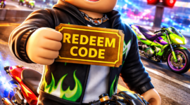 Ilustrasi avatar pemain Roblox menampilkan kode redeem di game Drag Drive Simulator dengan latar suasana balap drag virtual yang penuh warna dan efek cahaya. (Foto: Ilustrasi/AI)