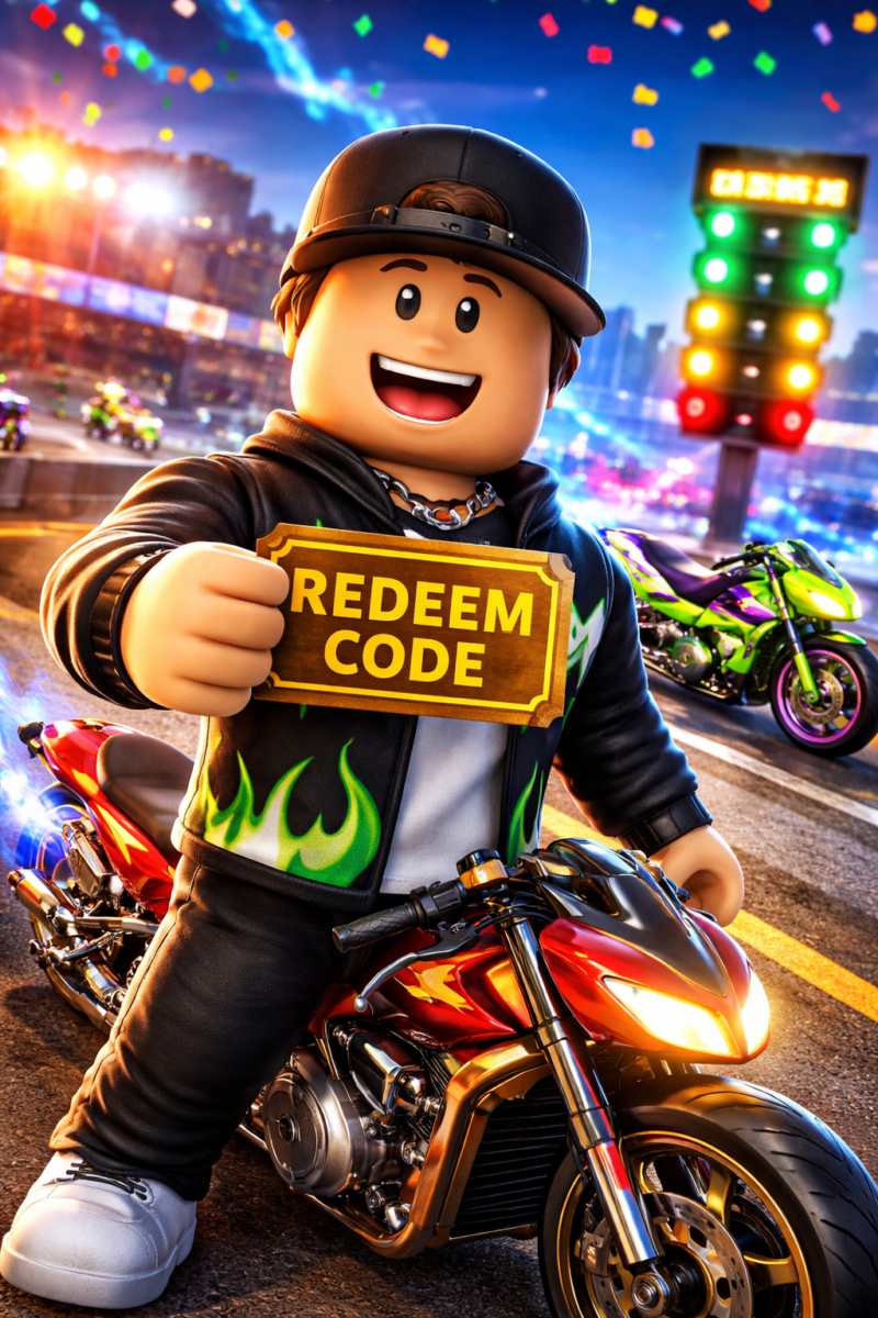 Ilustrasi avatar pemain Roblox menampilkan kode redeem di game Drag Drive Simulator dengan latar suasana balap drag virtual yang penuh warna dan efek cahaya. (Foto: Ilustrasi/AI)