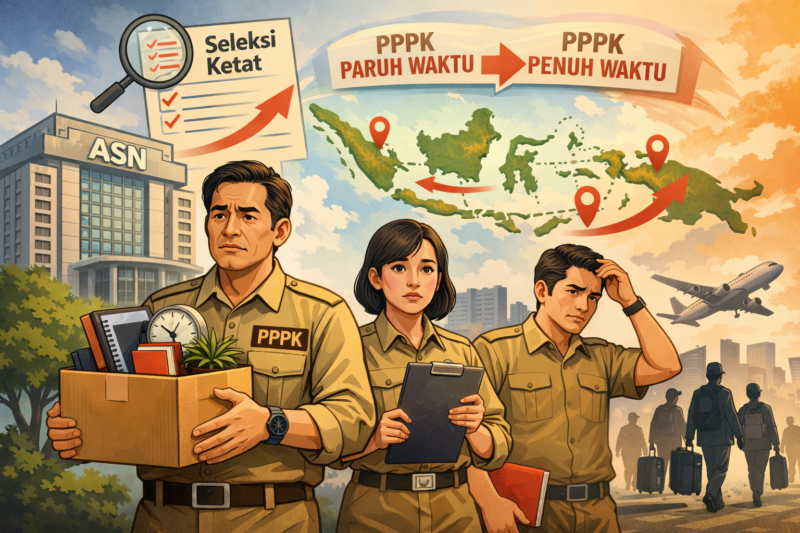 
Ilustrasi aparatur sipil negara (ASN) menghadapi kebijakan penghapusan PPPK paruh waktu dan transisi menuju PPPK penuh waktu pada 2026, termasuk seleksi ketat serta kemungkinan penempatan nasional.

Sumber Foto:
Ilustrasi/Dok. AI Generated