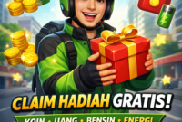 Ilustrasi:
Seorang driver ojek online dengan seragam hijau-hitam memegang kotak hadiah berwarna merah dengan pita emas, di sekitarnya muncul ikon koin, uang, bensin, dan energi. Latar belakang kota modern dengan efek digital dan teks menarik “Kode Redeem Terbaru! Claim Hadiah Gratis!”AI