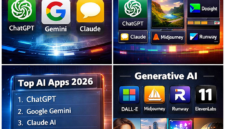 : Ilustrasi aplikasi AI populer 2026 seperti ChatGPT, Google Gemini, Claude, dan Microsoft Copilot.