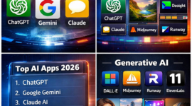 : Ilustrasi aplikasi AI populer 2026 seperti ChatGPT, Google Gemini, Claude, dan Microsoft Copilot.