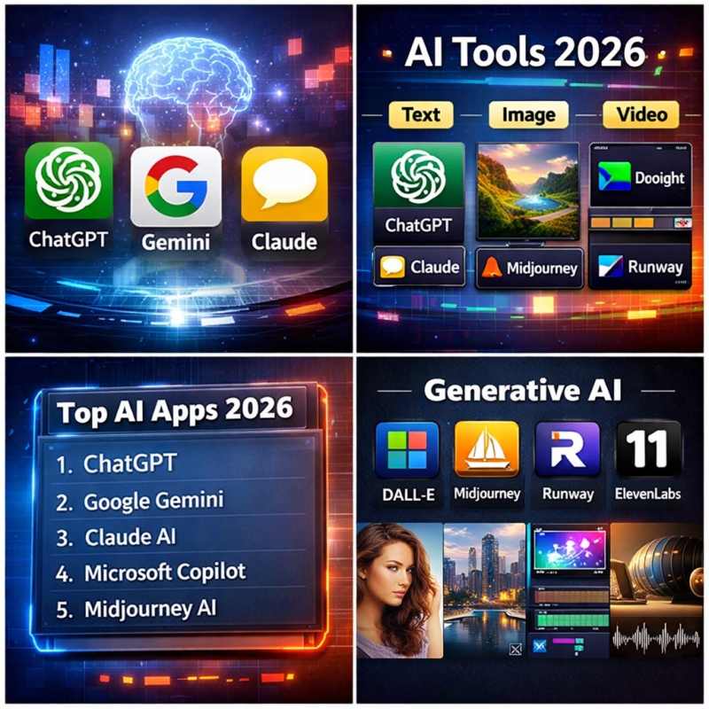 : Ilustrasi aplikasi AI populer 2026 seperti ChatGPT, Google Gemini, Claude, dan Microsoft Copilot.