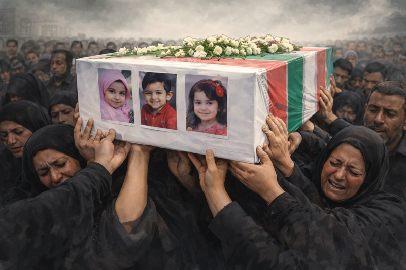 Ilustrasi prosesi pemakaman anak-anak di Minab, Iran, dengan peti mati yang dihiasi foto anak-anak, dikelilingi warga yang berduka, menunjukkan suasana haru dan tangis di tengah kota.