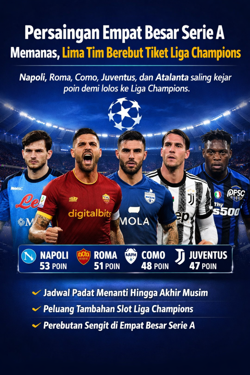 Ilustrasi persaingan lima klub papan atas Serie A yakni Napoli, AS Roma, Como 1907, Juventus, dan Atalanta dalam perebutan tiket Liga Champions UEFA musim depan. Persaingan ketat di papan klasemen membuat setiap laga menjadi penentu posisi akhir.