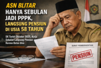 Seorang ASN di Blitar sedang memeriksa surat keputusan pemberhentian dengan hormat (SK Pensiun) setelah hanya bekerja satu bulan sebagai PPPK paruh waktu. Latar belakang menunjukkan suasana kantor pemerintahan.