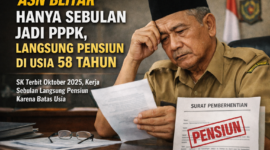 Seorang ASN di Blitar sedang memeriksa surat keputusan pemberhentian dengan hormat (SK Pensiun) setelah hanya bekerja satu bulan sebagai PPPK paruh waktu. Latar belakang menunjukkan suasana kantor pemerintahan.