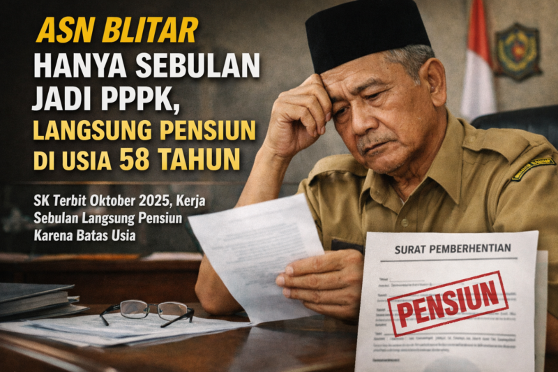 Seorang ASN di Blitar sedang memeriksa surat keputusan pemberhentian dengan hormat (SK Pensiun) setelah hanya bekerja satu bulan sebagai PPPK paruh waktu. Latar belakang menunjukkan suasana kantor pemerintahan.