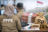 Ilustrasi menampilkan pegawai PPPK di kantor pemerintahan dengan simbol anggaran APBD, tumpukan uang rupiah, dan ikon pendidikan, menggambarkan fokus pada batas belanja pegawai dan dampaknya terhadap PPPK serta layanan pendidikan di daerah.