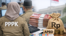 Ilustrasi menampilkan pegawai PPPK di kantor pemerintahan dengan simbol anggaran APBD, tumpukan uang rupiah, dan ikon pendidikan, menggambarkan fokus pada batas belanja pegawai dan dampaknya terhadap PPPK serta layanan pendidikan di daerah.