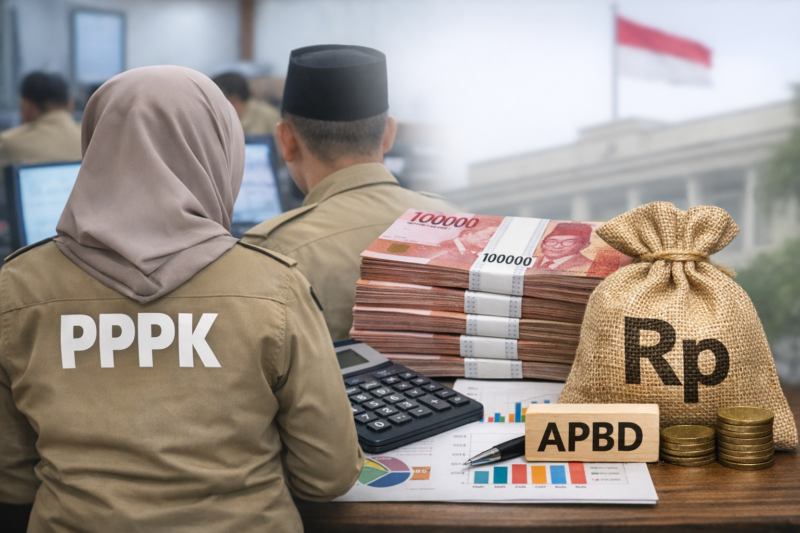 Ilustrasi menampilkan pegawai PPPK di kantor pemerintahan dengan simbol anggaran APBD, tumpukan uang rupiah, dan ikon pendidikan, menggambarkan fokus pada batas belanja pegawai dan dampaknya terhadap PPPK serta layanan pendidikan di daerah.