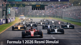 Suasana start balapan seri pembuka Formula 1 musim 2026 pada ajang Australian Grand Prix di Albert Park Circuit, Melbourne, Australia. Para pembalap memacu mobil mereka pada lap awal balapan yang menandai dimulainya musim F1 2026.