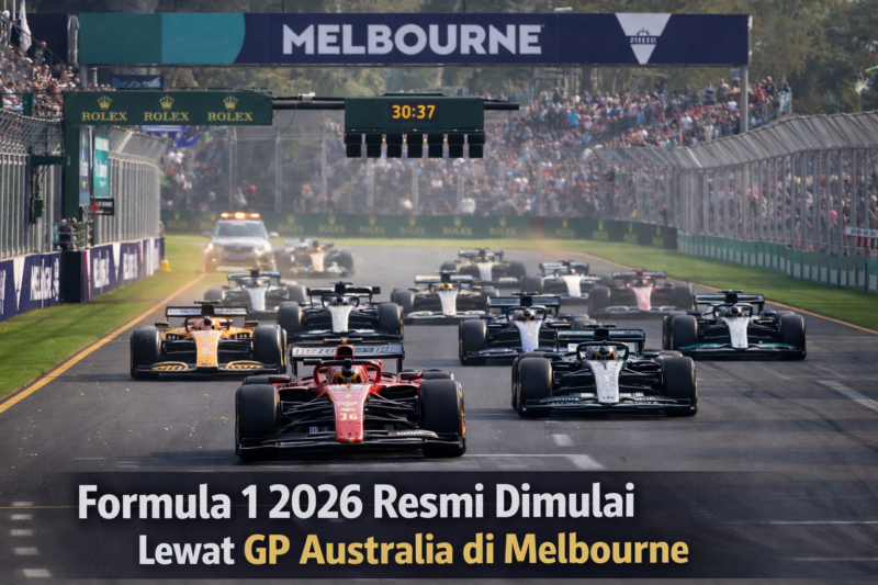Suasana start balapan seri pembuka Formula 1 musim 2026 pada ajang Australian Grand Prix di Albert Park Circuit, Melbourne, Australia. Para pembalap memacu mobil mereka pada lap awal balapan yang menandai dimulainya musim F1 2026.