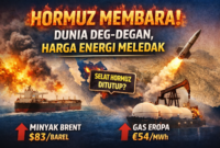 “Ilustrasi ketegangan di Selat Hormuz dengan kapal tanker minyak, fasilitas energi terbakar, dan peluncuran misil, menggambarkan lonjakan harga energi global. Headline: HORMUZ MEMBARA! DUNIA DEG-DEGAN, HARGA ENERGI MELEDAK.”/AI/suarabrita.com