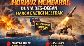 “Ilustrasi ketegangan di Selat Hormuz dengan kapal tanker minyak, fasilitas energi terbakar, dan peluncuran misil, menggambarkan lonjakan harga energi global. Headline: HORMUZ MEMBARA! DUNIA DEG-DEGAN, HARGA ENERGI MELEDAK.”/AI/suarabrita.com