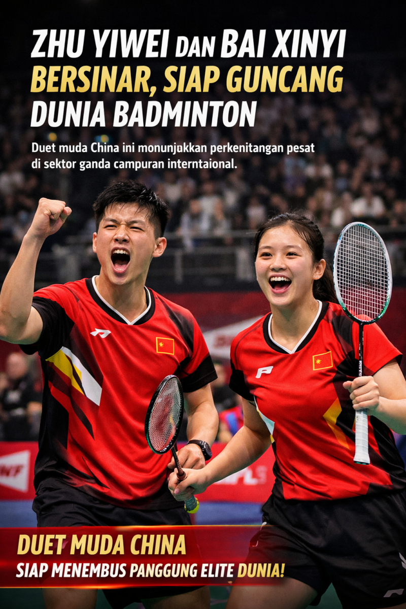 sangan ganda campuran China, Zhu Yiwei dan Bai Xinyi, merayakan poin saat tampil dalam turnamen internasional di bawah naungan Badminton World Federation (BWF).