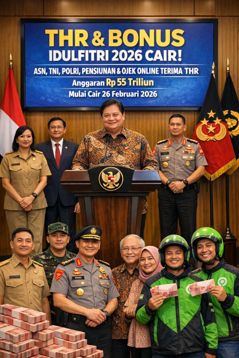 Airlangga Hartarto, Menko Perekonomian, memimpin konferensi pers pengumuman pencairan THR dan BHR Idulfitri 2026. THR diberikan kepada ASN, TNI, Polri, pensiunan, dan pekerja ojek online. Suasana terlihat ceria, dengan sejumlah penerima memegang amplop berisi THR.

Sumber Foto: Hasil ilustrasi berbasis informasi publik, tidak diambil dari sumber resmi.
