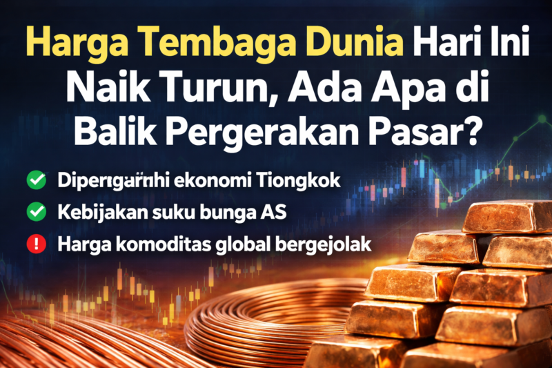 Ilustrasi batang dan gulungan tembaga dengan latar grafik pergerakan pasar global yang menunjukkan fluktuasi harga komoditas dunia./AI/suarabrita.com