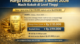 Ilustrasi emas batangan produksi PT Aneka Tambang Tbk (Antam). Harga emas Antam pada 3 Maret 2026 bertahan di level Rp3.135.000 per gram, sementara harga buyback berada di Rp2.914.000 per gram.
